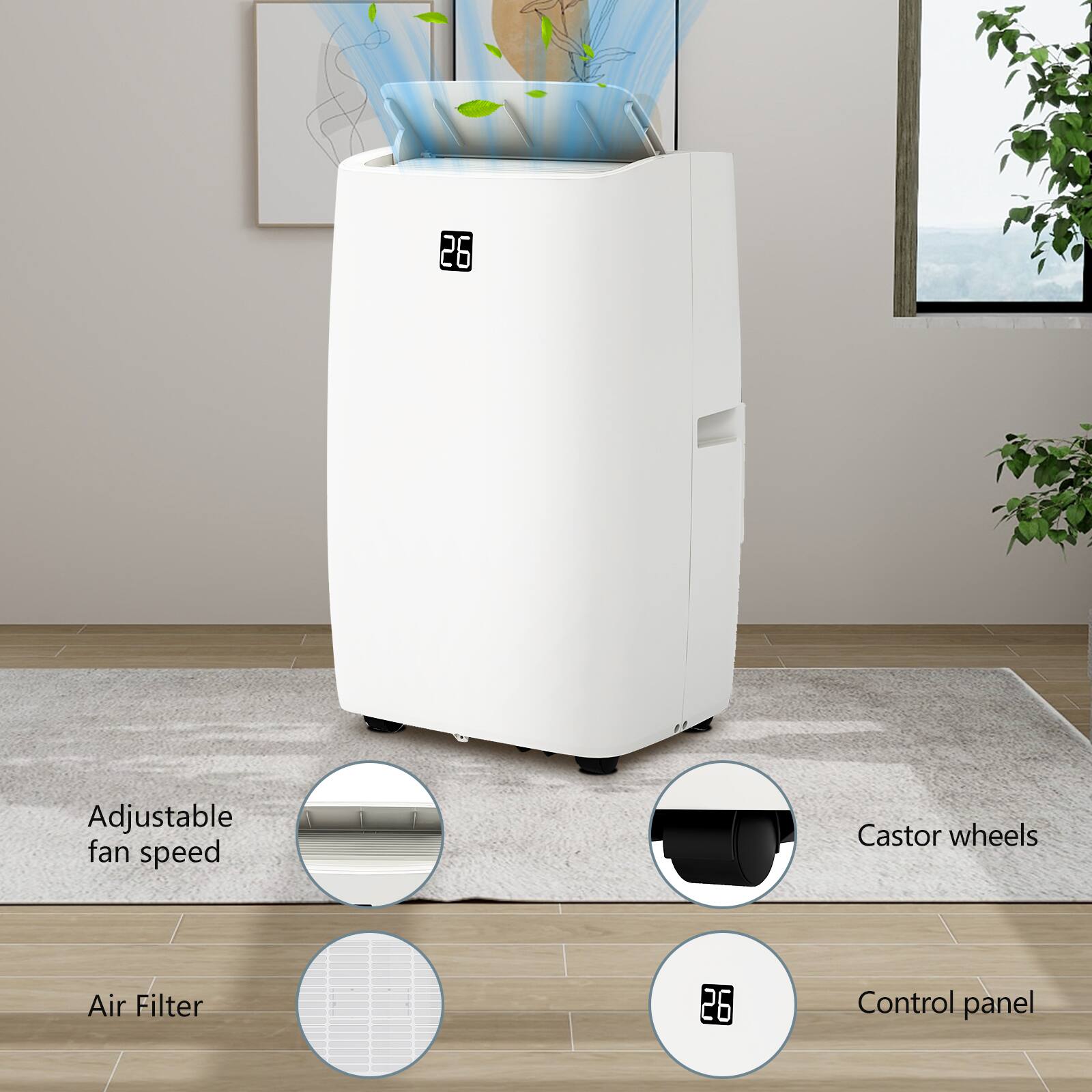 26 Adjustable fan speed  
Castor wheels  
Air Filter  
Control panel