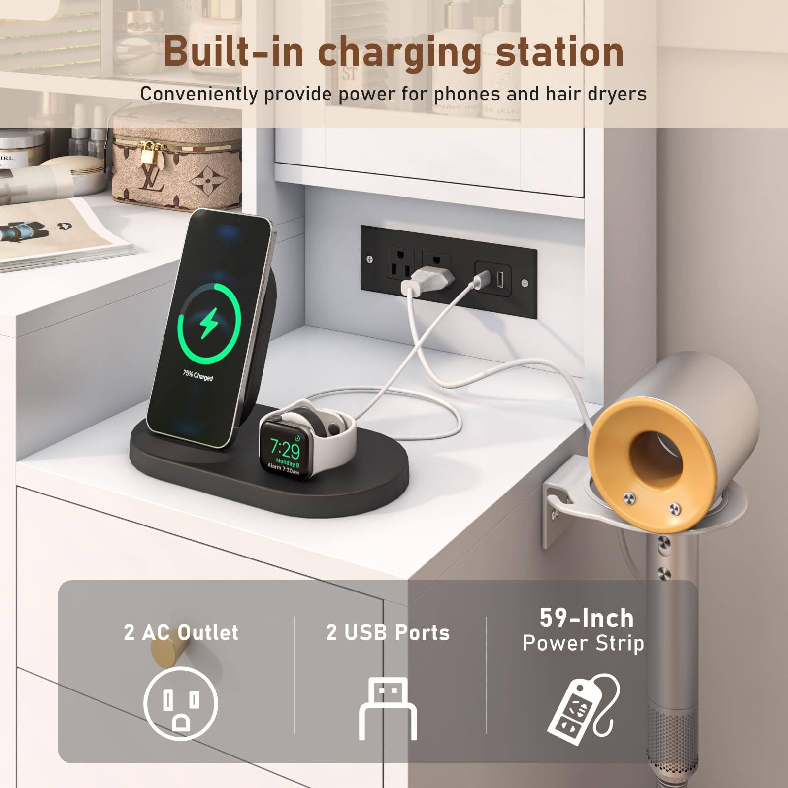 Built-in charging station  
Conveniently provide power for phones and hair dryers

75% Charged  
7:29 Monday 8 Marm MADES

2 AC Outlet  
2 USB Ports  
59-Inch Power Strip