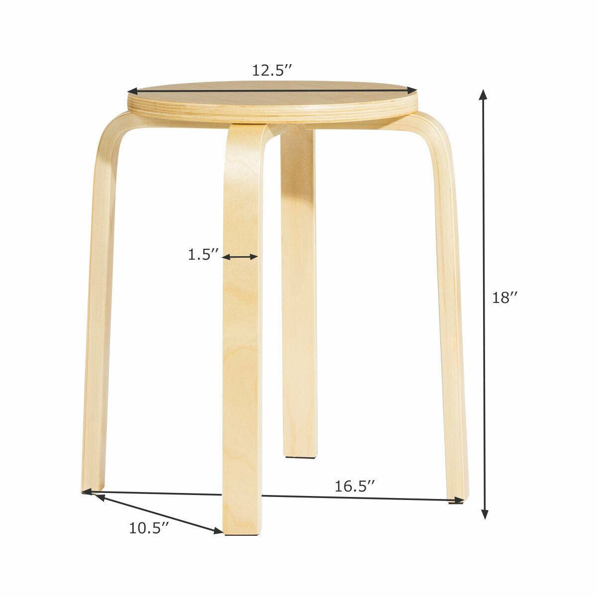 The dimensions of the stool are as follows:

- Diameter: 12.5"
- Height: 18"
- Width of the legs: 1.5"
- Distance between the legs: 16.5"
- Depth of the legs: 10.5"