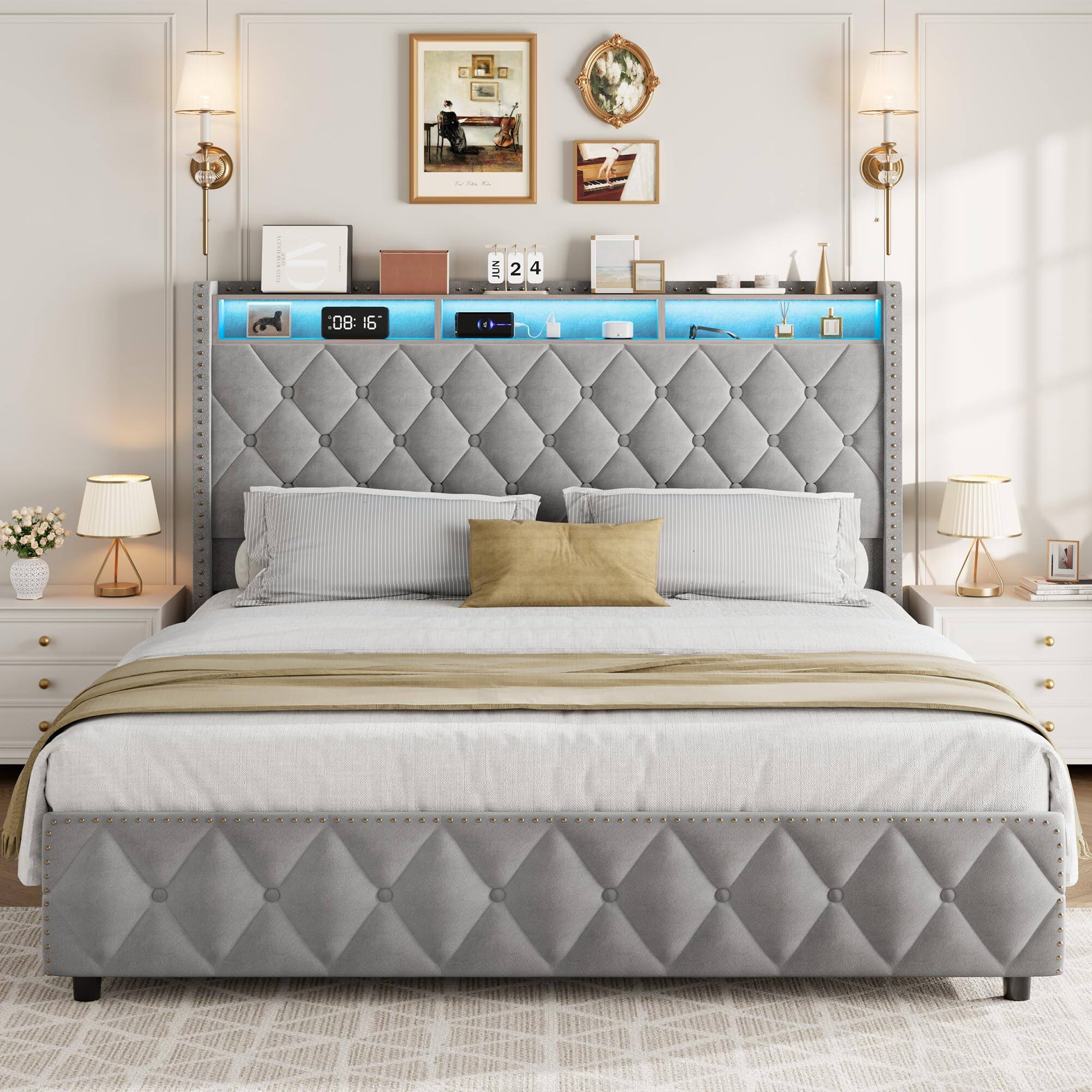 Front. Homhougo - King Bed Frame with 50.8" Tall Headboard, Platform Velvet Upholstered Bed Frame with 4 Storage Drawers - Light Gray.