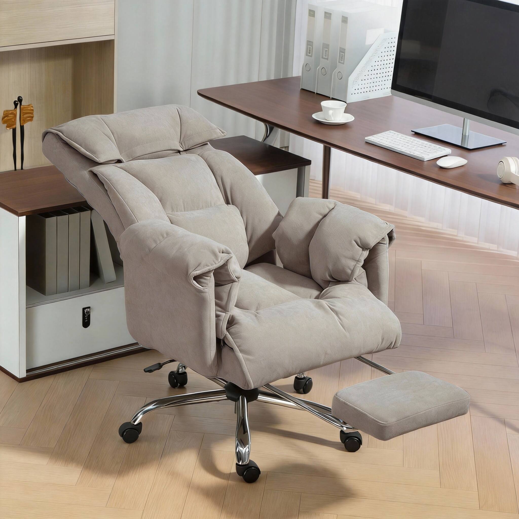 Alt View 1. Frangdom - Executive Reclining Office Chair with Footrest Swivel High Back - Light Taupe Grey, Weight: 265 lbs.