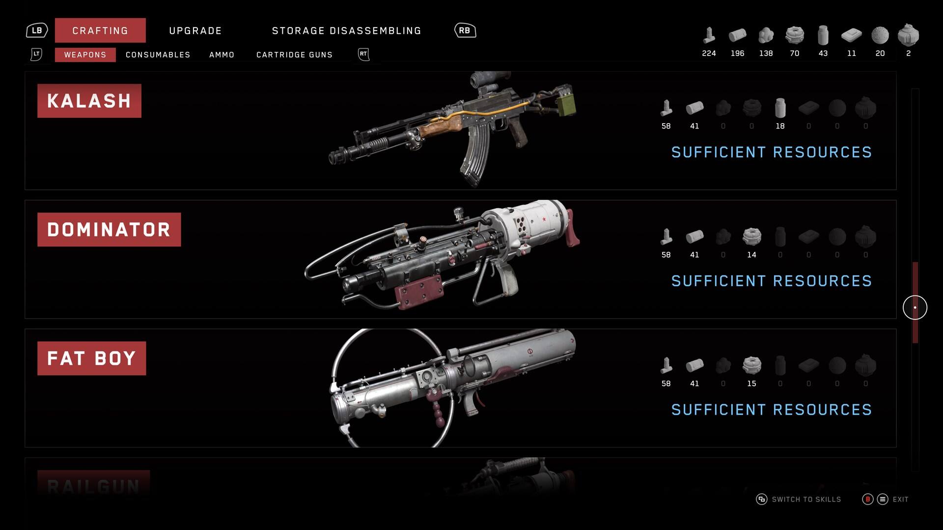 Grouped and corrected text:

Weapons:
- Kalash: 58/41
- Dominator: 58/41
- Fat Boy: 58/41
- Railgun: 58/41

Consumables:
- Ammo: 138/70
- Cartridges: 11/20

Resources:
- Sufficient: 224/196
- Dominator: 18/0
- Fat Boy: 15/0
- Railgun: 0/0

Skills:
- Switch to Skills: H = EXIT