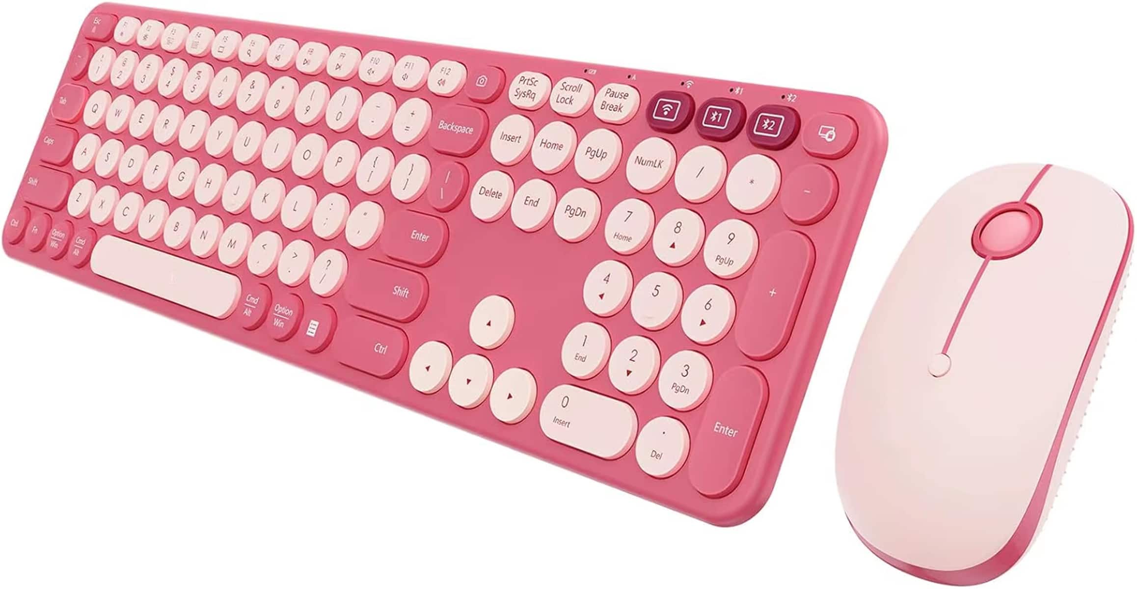 Luckbyte - Retro Round Keycaps Wireless Keyboard and Mouse Combo, Multi-Device Bluetooth & 2.4G Connection for PC, Mac, iPad - Pink