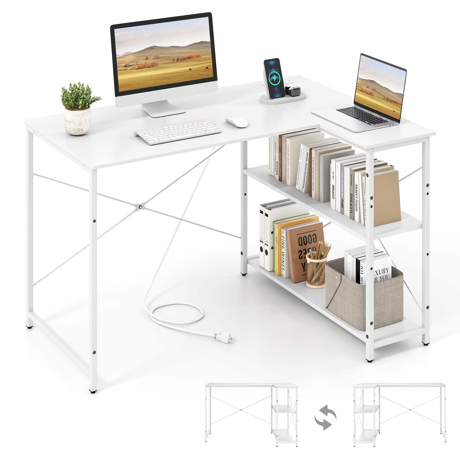Ecooso - 47" Reversible L-Shaped Corner Desk with Adjustable Storage Shelves, Home Office - White