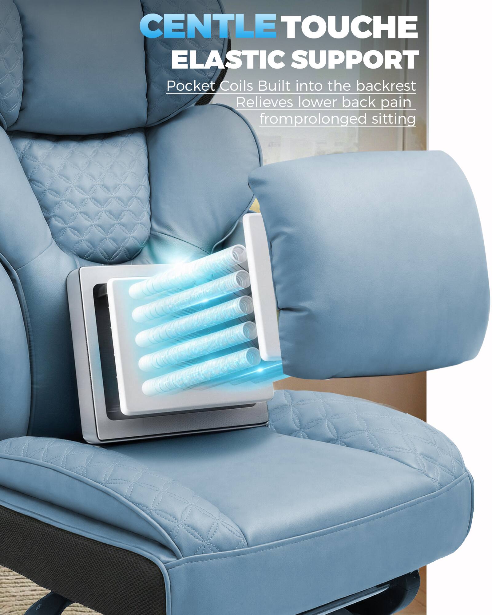 CENTLE TOUCHE  
ELASTIC SUPPORT  
Pocket Coils Built into the backrest  
Relieves lower back pain from prolonged sitting