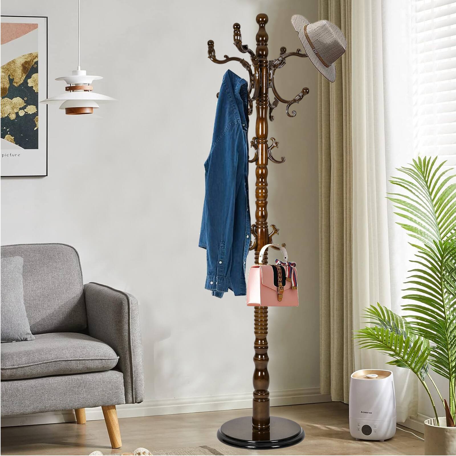 Alt View 6. Chateau Abodes - Solid Wood Coat Rack, Free Standing Hall Coat Tree with 14Hooks, 3 Height Options, 300lbs Load, Stury Base - Light Brown.