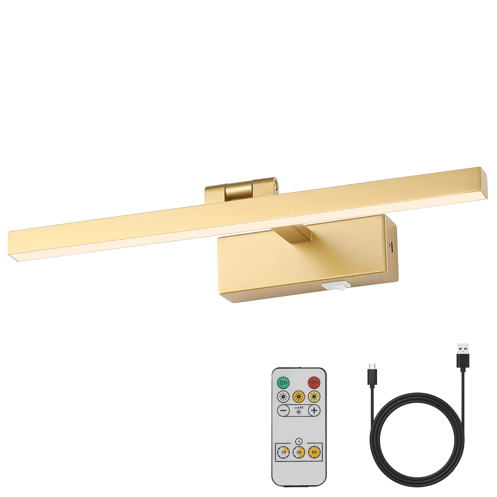 TECH SAFARI - Operated Picture Light Rechargeable Gallery With Remote Control Dimmable And Timer Off Adjustable Swing Arm - Gold Model B