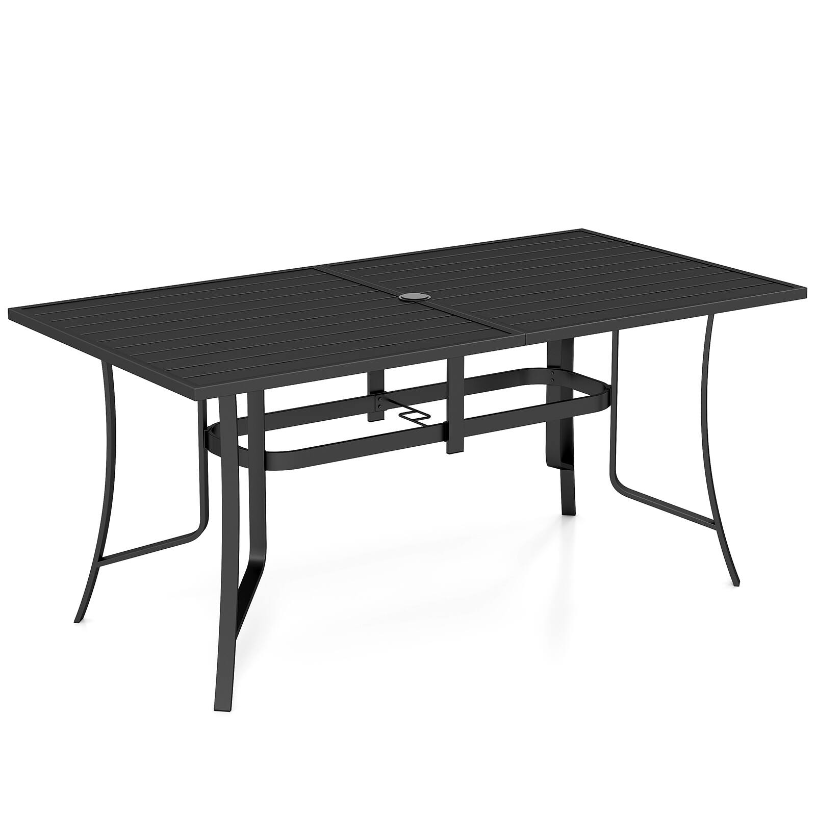 Alt View 9. Gymax - Gymax Patio Dining Table 63'' x 33'' Rectangle Metal Slat Table w/Umbrella Hole for Lawn - Black.
