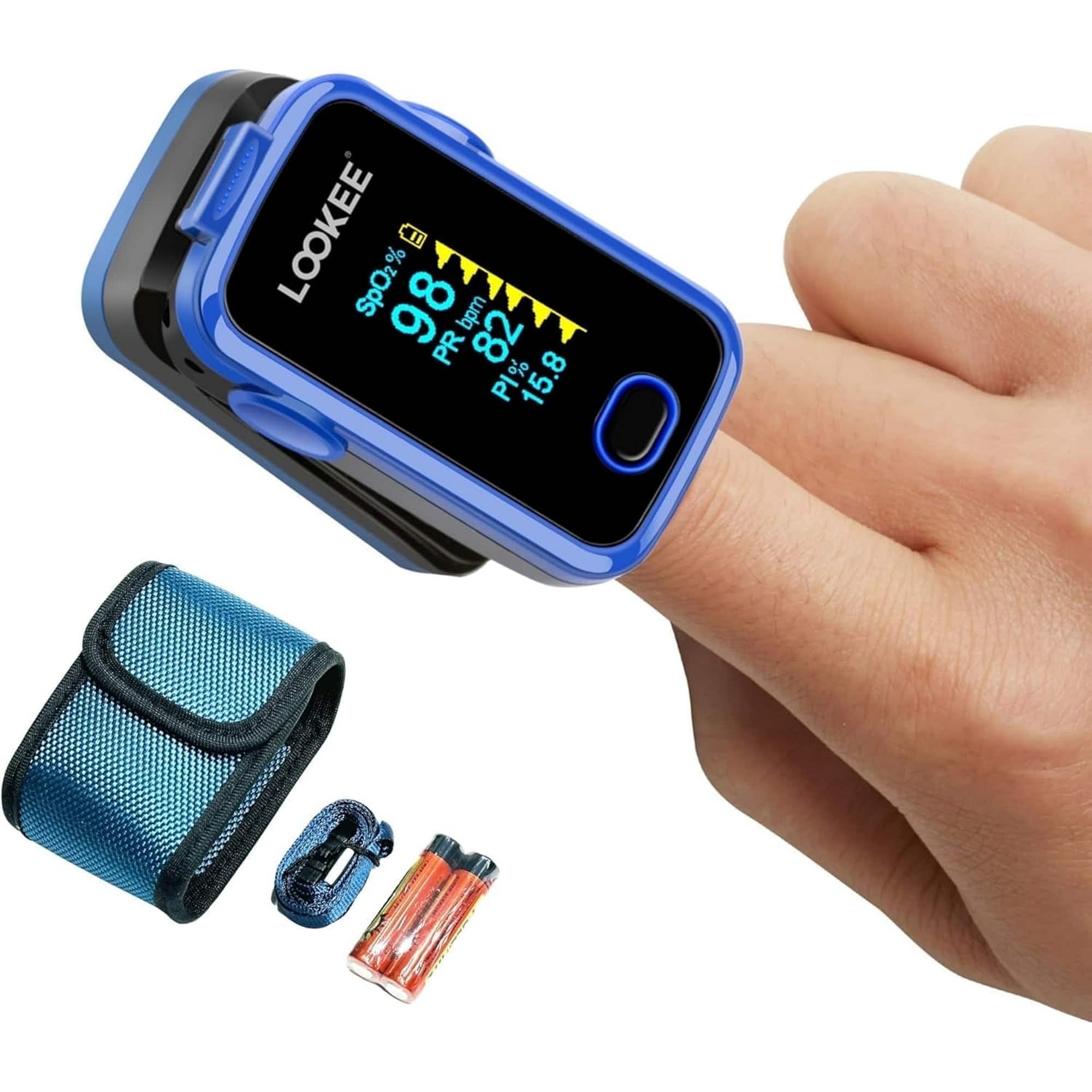 LOOKEE - LOOKEE® Premium Fingertip Pulse Oximeter Blood Oxygen Saturation Monitor with Plethysmograph, Pulse Rate & PI - Blue