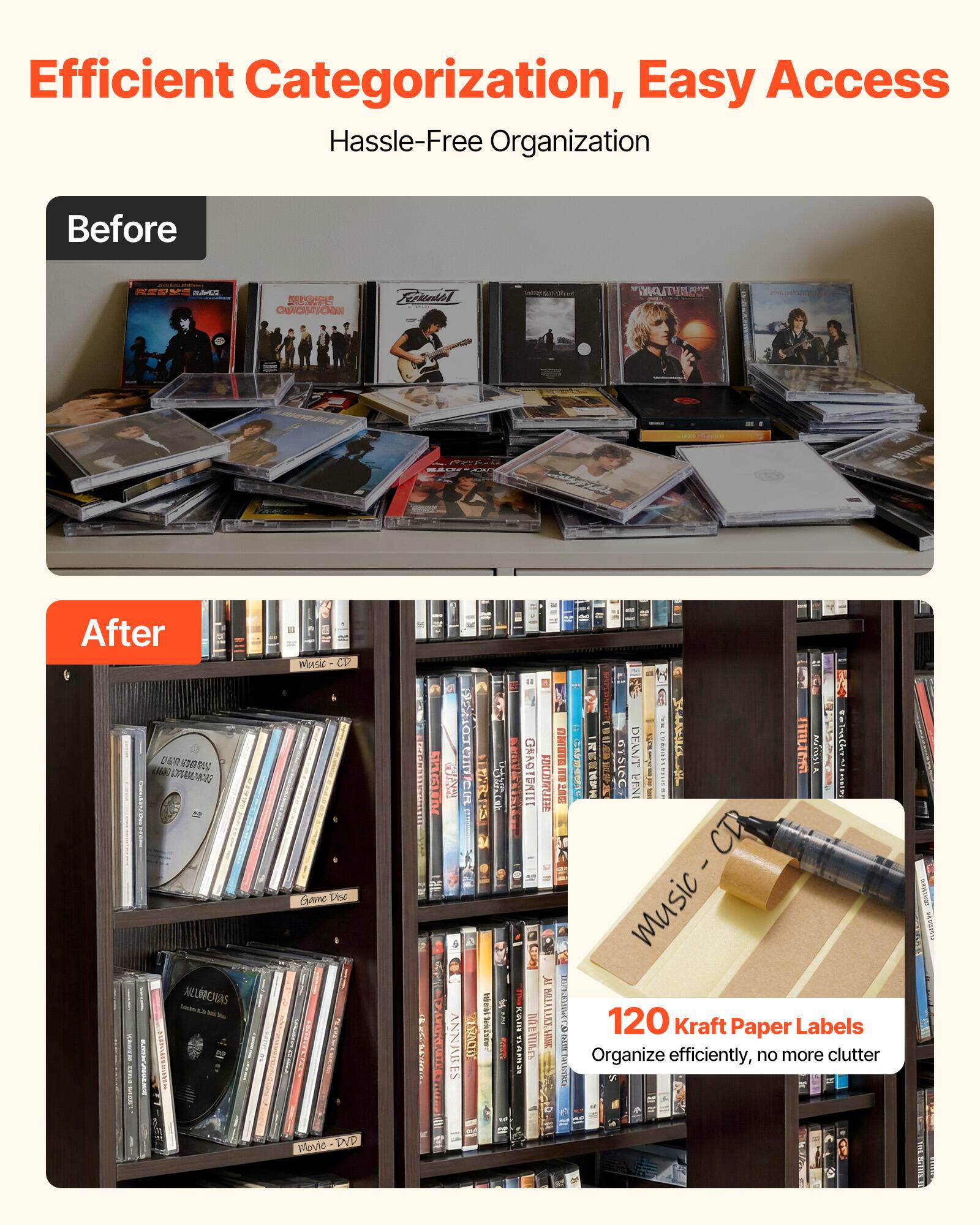 Efficient Categorization, Easy Access  
Hassle-Free Organization

Before

After

120 Kraft Paper Labels  
Organize efficiently, no more clutter