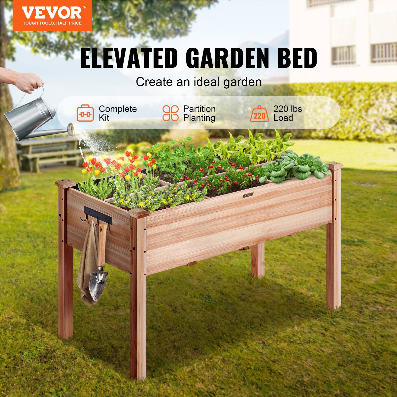 VEVOR TOUGH TOOLS, HALF PRICE  
ELEVATED GARDEN BED  
Create an ideal garden  
Complete Kit  
Partition Planting  
220 lbs Load