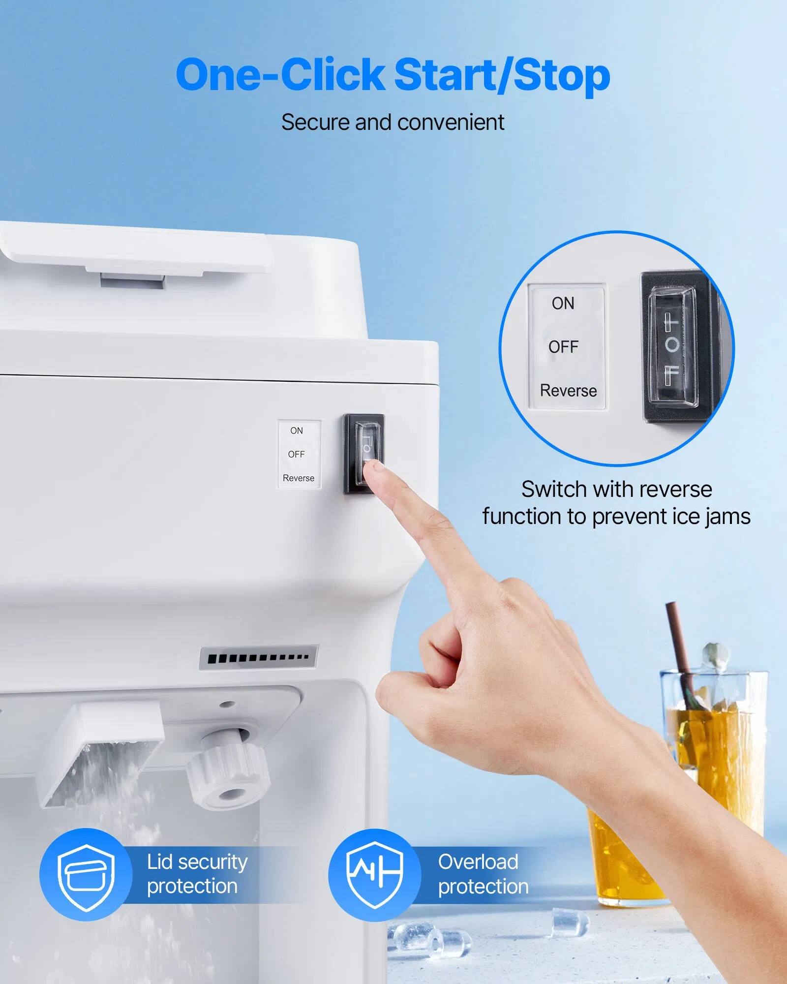 One-Click Start/Stop  
Secure and convenient  

ON OFF Reverse  
Switch with reverse function to prevent ice jams  

Lid security protection  
Overload protection