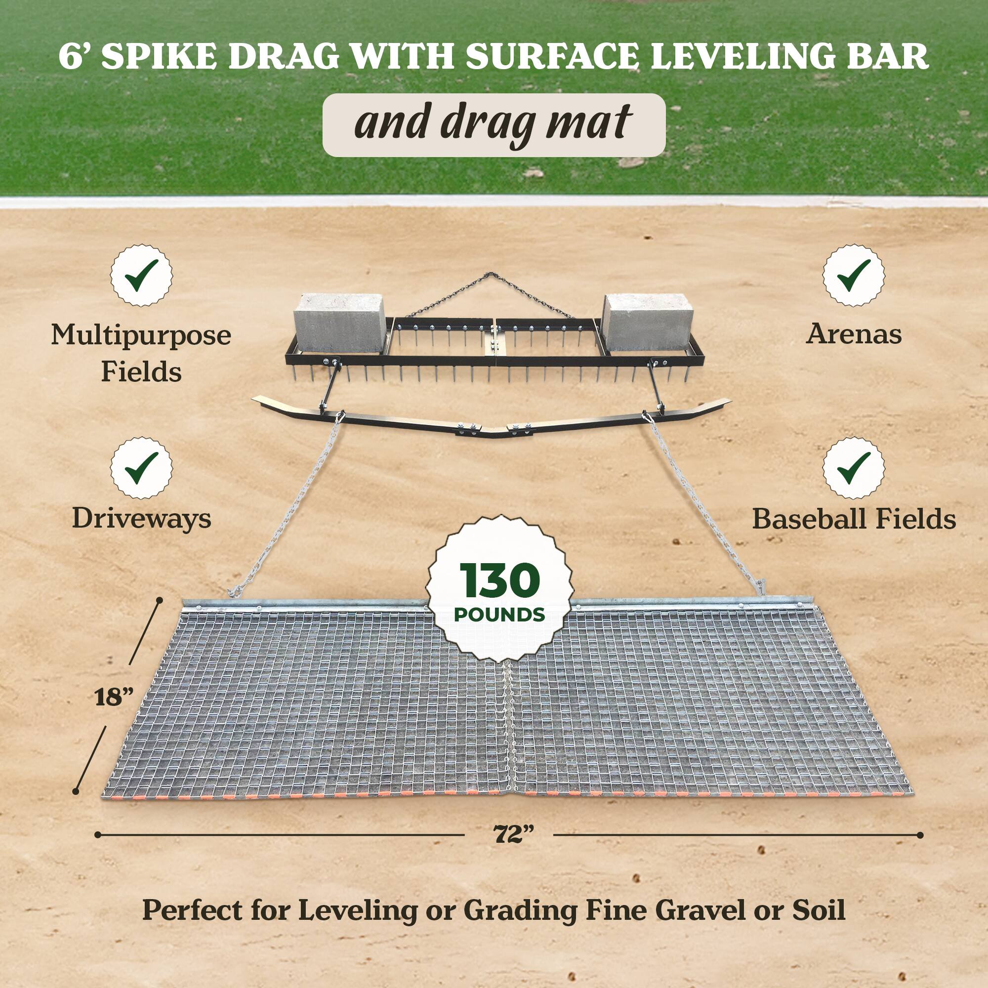 6' SPIKE DRAG WITH SURFACE LEVELING BAR and drag mat

Multipurpose Fields  
Driveways  
Arenas  
Baseball Fields  

130 POUNDS  

18"  
72"  

Perfect for Leveling or Grading Fine Gravel or Soil