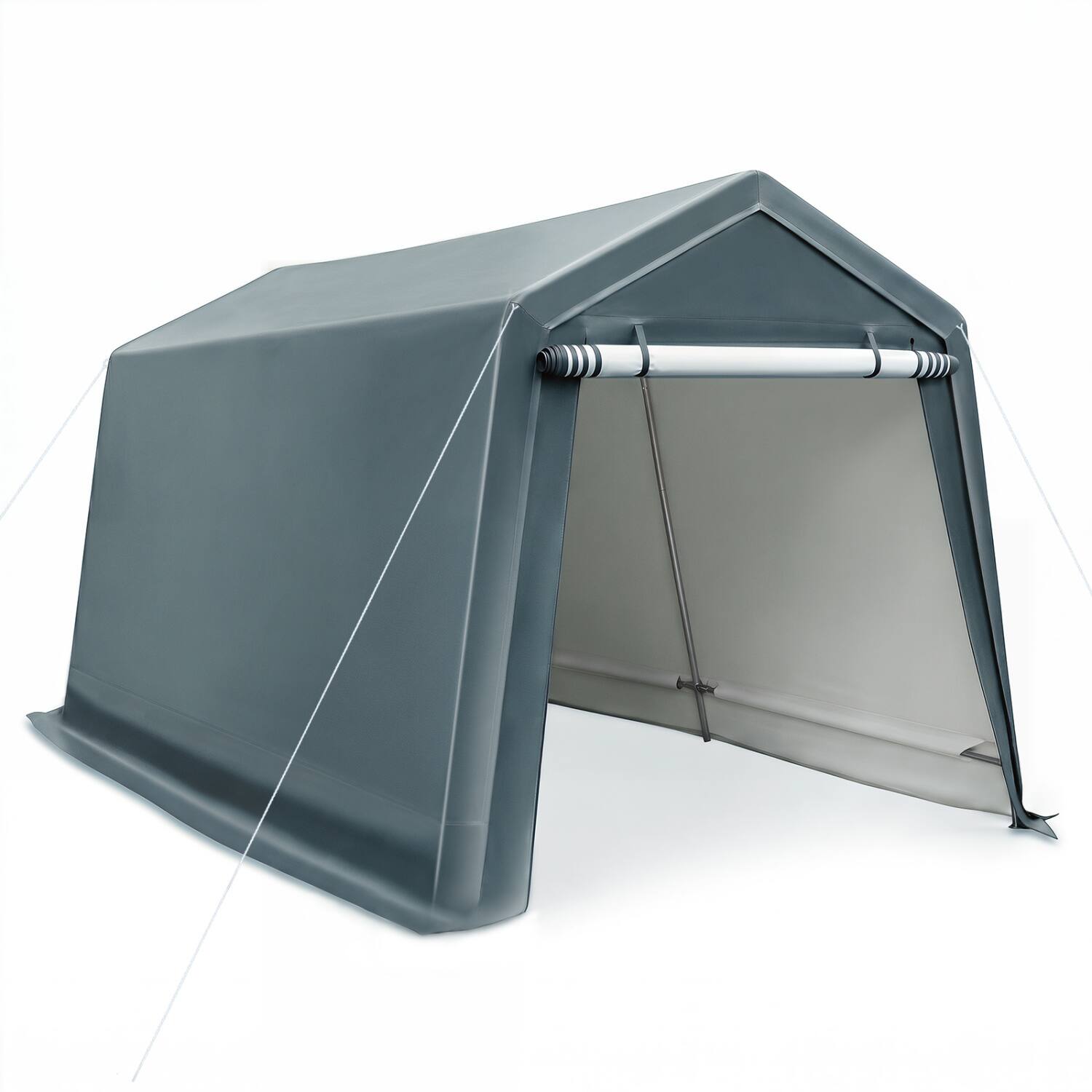 Left. WELLFOR - 8.3 x 14 Feet Outdoor Storage Shed with Roll-Up Zipper Door - Gray.