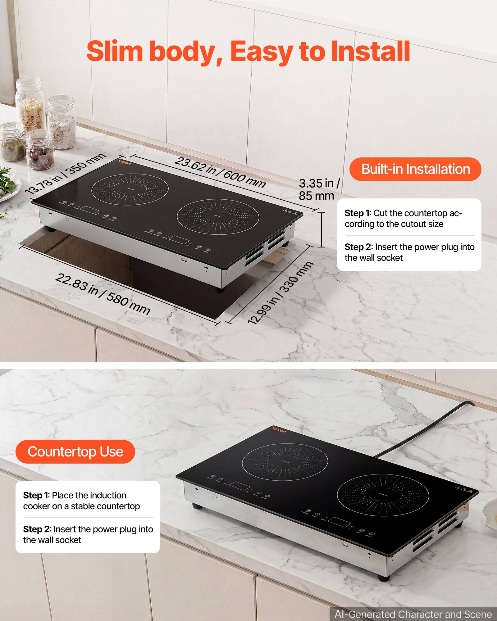 Slim body, Easy to Install

mm 350 in 13.78
23.62 in 600 mm
Built-in Installation 3.35 in 85 mm
Step 1: Cut the countertop according to the cutout size
22.83 in / 580 mm
mm 330 in/ 12.99

VEVOR
Countertop Use
Step 1: Place the induction cooker on a stable countertop
Step 2: Insert the power plug into the wall socket

AI-Generated Character and Scene