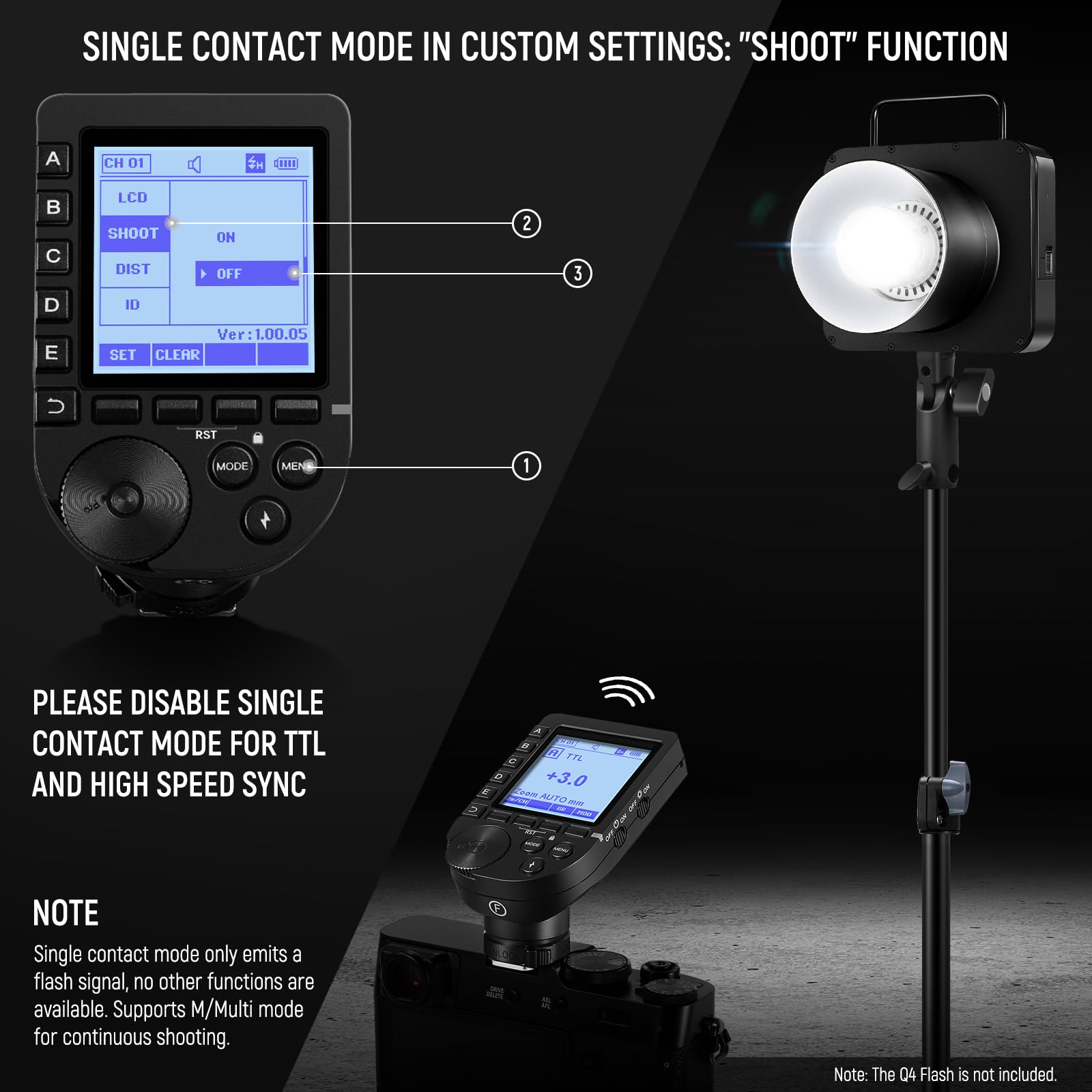 SINGLE CONTACT MODE IN CUSTOM SETTINGS: "SHOOT" FUNCTION

CH 01  
LCD  
SHOOT ON  
DIST OFF  
ID  
Ver 1.00.05  
SET CLEAR  
RST  
MODE  
MENE  

PLEASE DISABLE SINGLE CONTACT MODE FOR TTL AND HIGH SPEED SYNC

NOTE  
Single contact mode only emits a flash signal, no other functions are available. Supports M/Multi mode for continuous shooting.

Note: The Q4 Flash is not included.