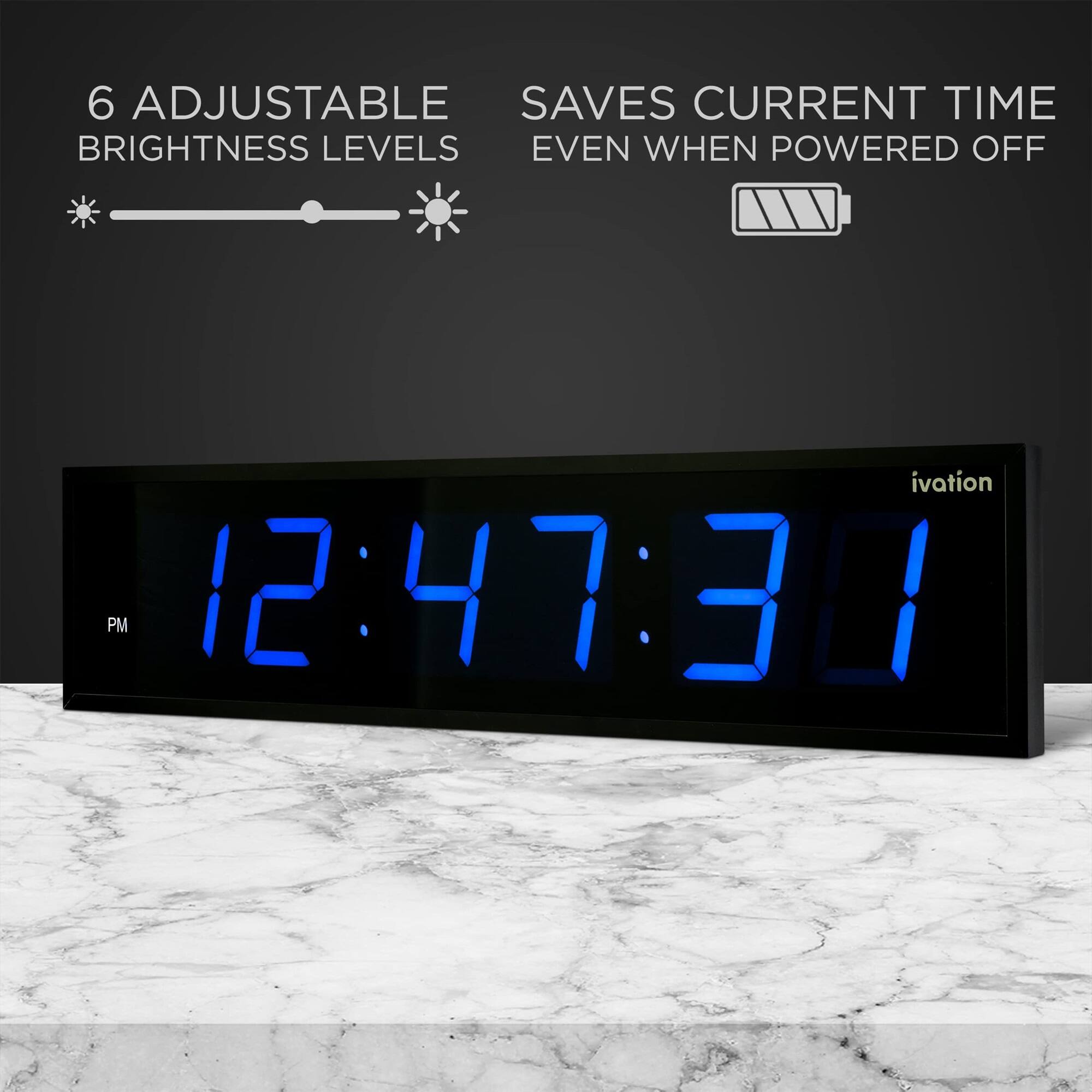 6 ADJUSTABLE BRIGHTNESS LEVELS, SAVES CURRENT TIME EVEN WHEN POWERED OFF, ivation, PM 12:47:30