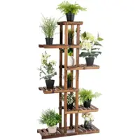 Costway - 6 Tier 11 Pots Wooden Plant Flower Display Stand Wood Shelf Storage Rack Garden - Brown - Front_Zoom