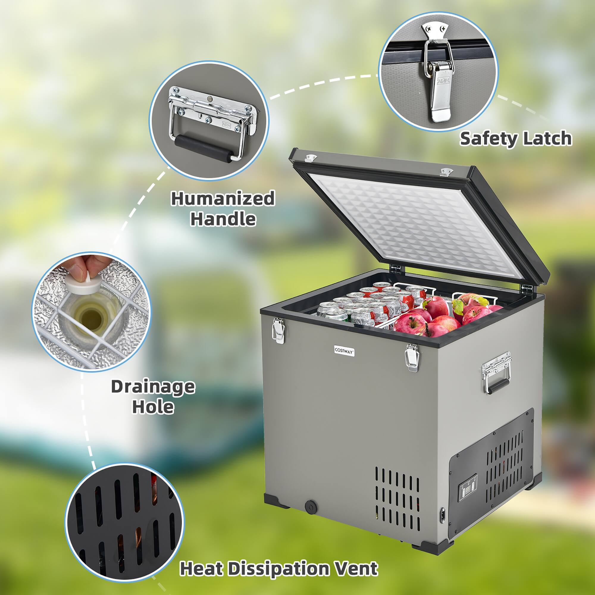 The image features a portable cooler with a safety latch, a humanized handle, a drainage hole, and a heat dissipation vent. The cooler is filled with apples, and it appears to be a compact and convenient option for outdoor activities.