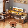 Furnulem - 66 In L Shaped Computer Desk with Charging Station LED Lights 2 Drawers Monitor Stand Reversible Gaming Desk - Brown
