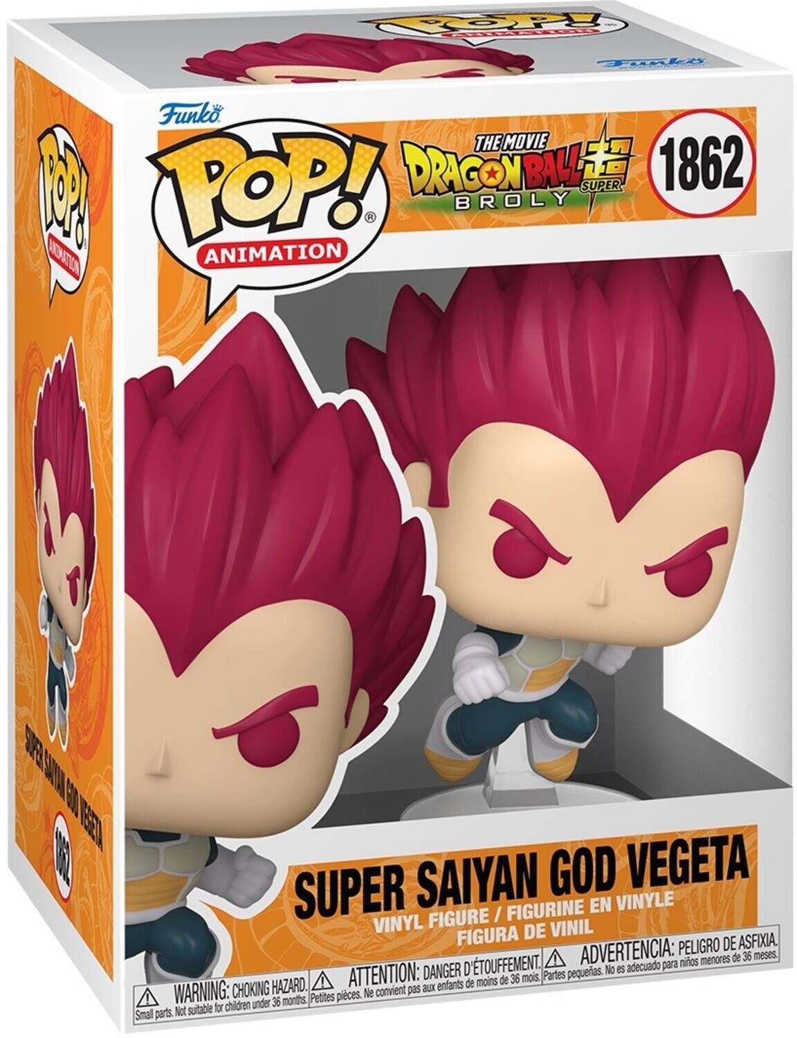 Funko, POP! Animation, The Movie Dragon Ball Super, 1862, Super Saiyan God Vegeta, Super Figure / Figurine en Vinyle, Vinyl, Peligro de asfixia, D'touffement, Advertencia: para niños menores de 36 meses, Danger d'étouffement, Advertencia: Peligro de asfixia, Choking Hazard, Parties pequeñas. No es adecuado para niños menores de 36 meses, Small parts. Not suitable for children under 36 months.
