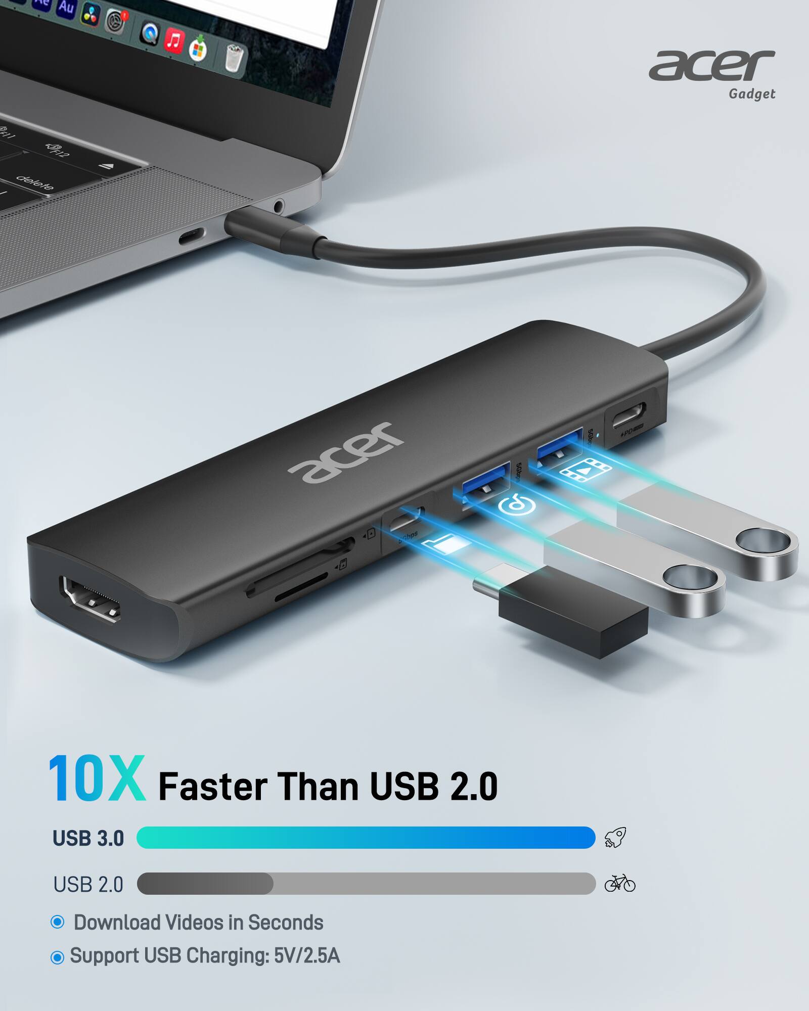 Acer Gadget

10X Faster Than USB 2.0

USB 3.0  
USB 2.0

- Download Videos in Seconds
- Support USB Charging: 5V/2.5A