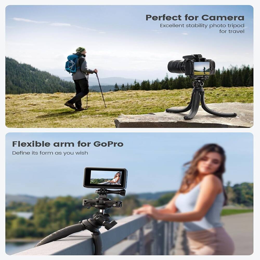 Perfect for Camera  
Excellent stability photo tripod for travel  

Flexible arm for GoPro  
Define its form as you wish
