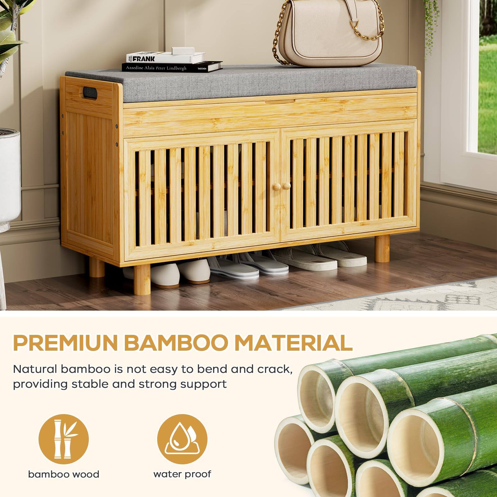 FRANK  
Azondime Alala Peer Lindbergh

PREMIUM BAMBOO MATERIAL

Natural bamboo is not easy to bend and crack, providing stable and strong support

- bamboo wood
- water proof
