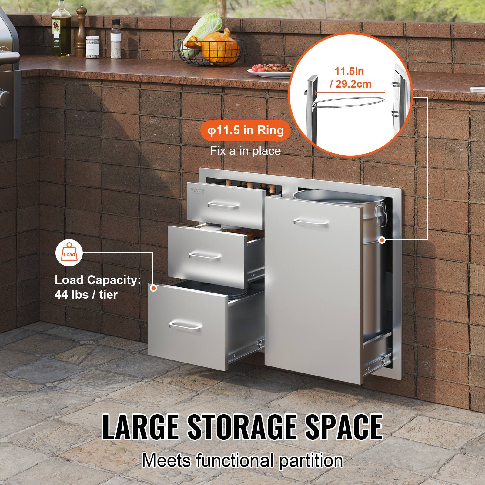 - C 11.5in I 29.2cm 11.5 in Ring Fix a in place VEYOR Load Load Capacity: 44 lbs I tier LARGE STORAGE SPACE Meets functional partition

Corrected text:

- Ø11.5 in Ring
- Fix a in place
- Load Capacity: 44 lbs / tier
- LARGE STORAGE SPACE
- Meets functional partition