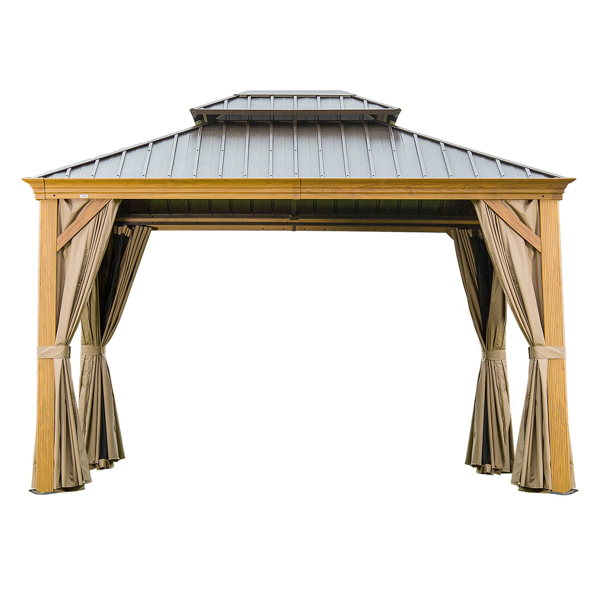 Front. Mondawe - 10x12FT Hardtop Gazebo with Wood-Looking Aluminum Frame - Yellow Brown.