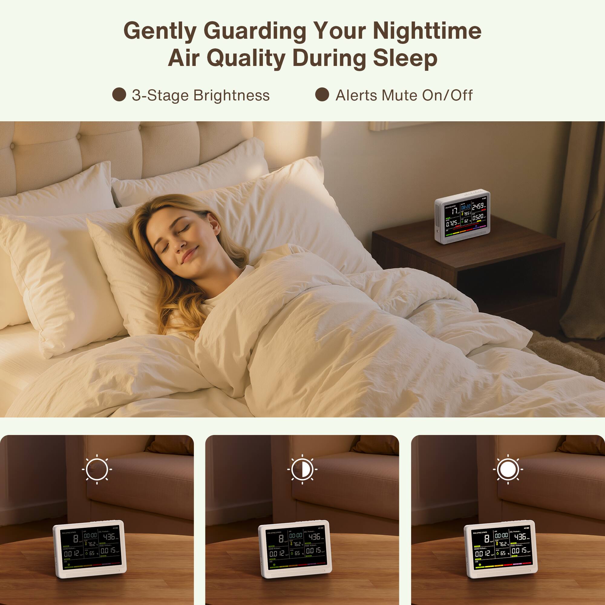 Gently Guarding Your Nighttime Air Quality During Sleep  
3-Stage Brightness  
Alerts Mute On/Off