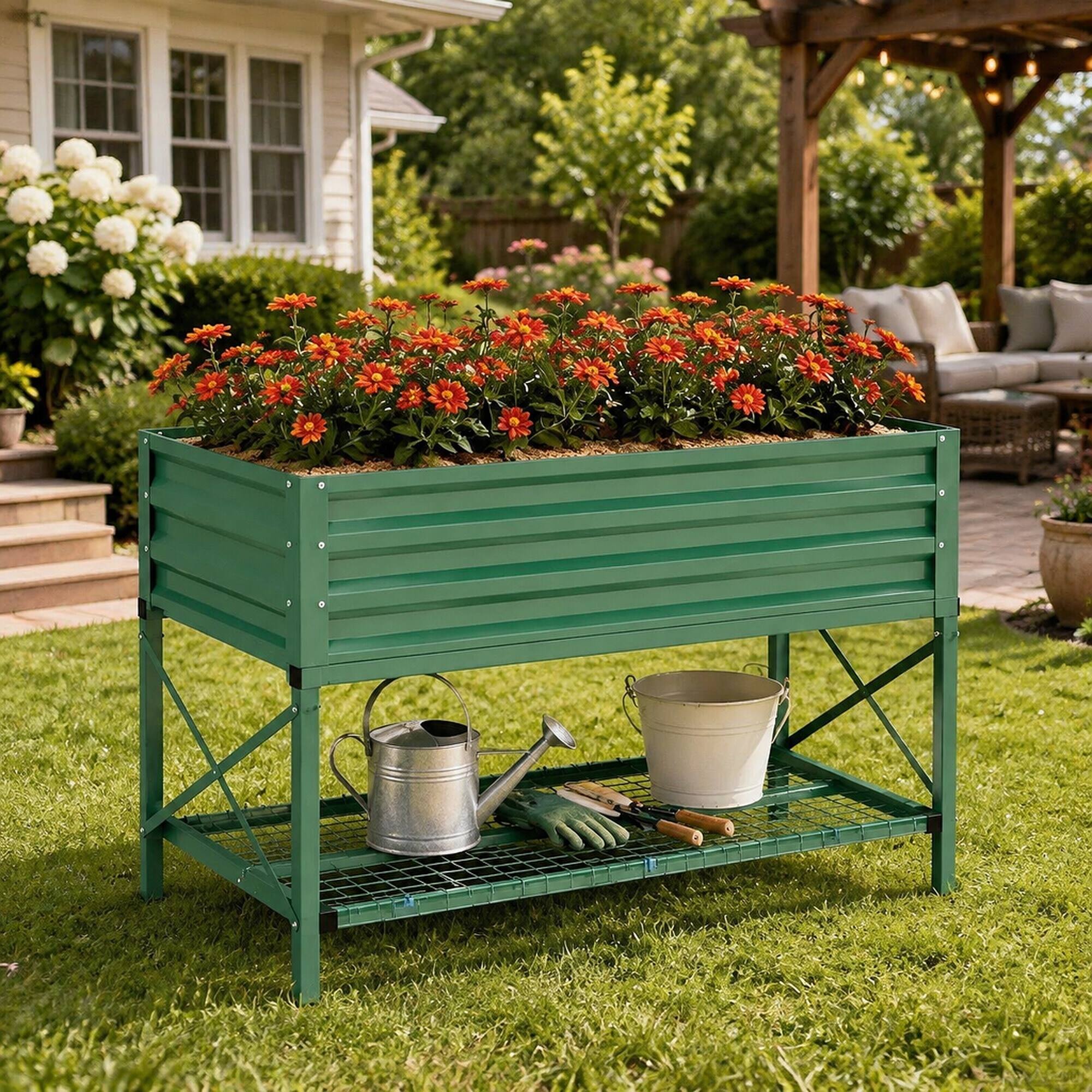 Alt View 1. RYHNUYNE - Galvanized Steel Raised Garden Bed with Legs, Storage Shelf and Liner, 41.75"L x 21.25"W x 30"H, Green - Green.