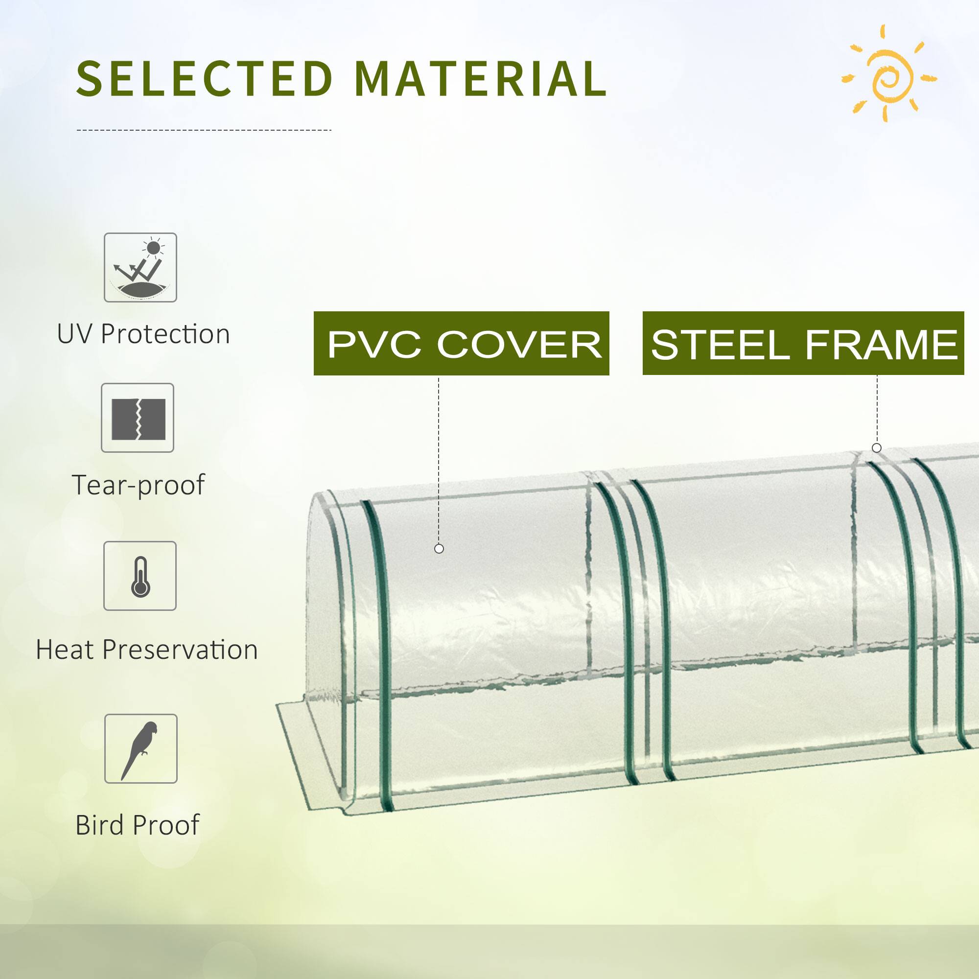 SELECTED MATERIAL

UV Protection
PVC COVER
STEEL FRAME
Tear-proof
Heat Preservation
Bird Proof