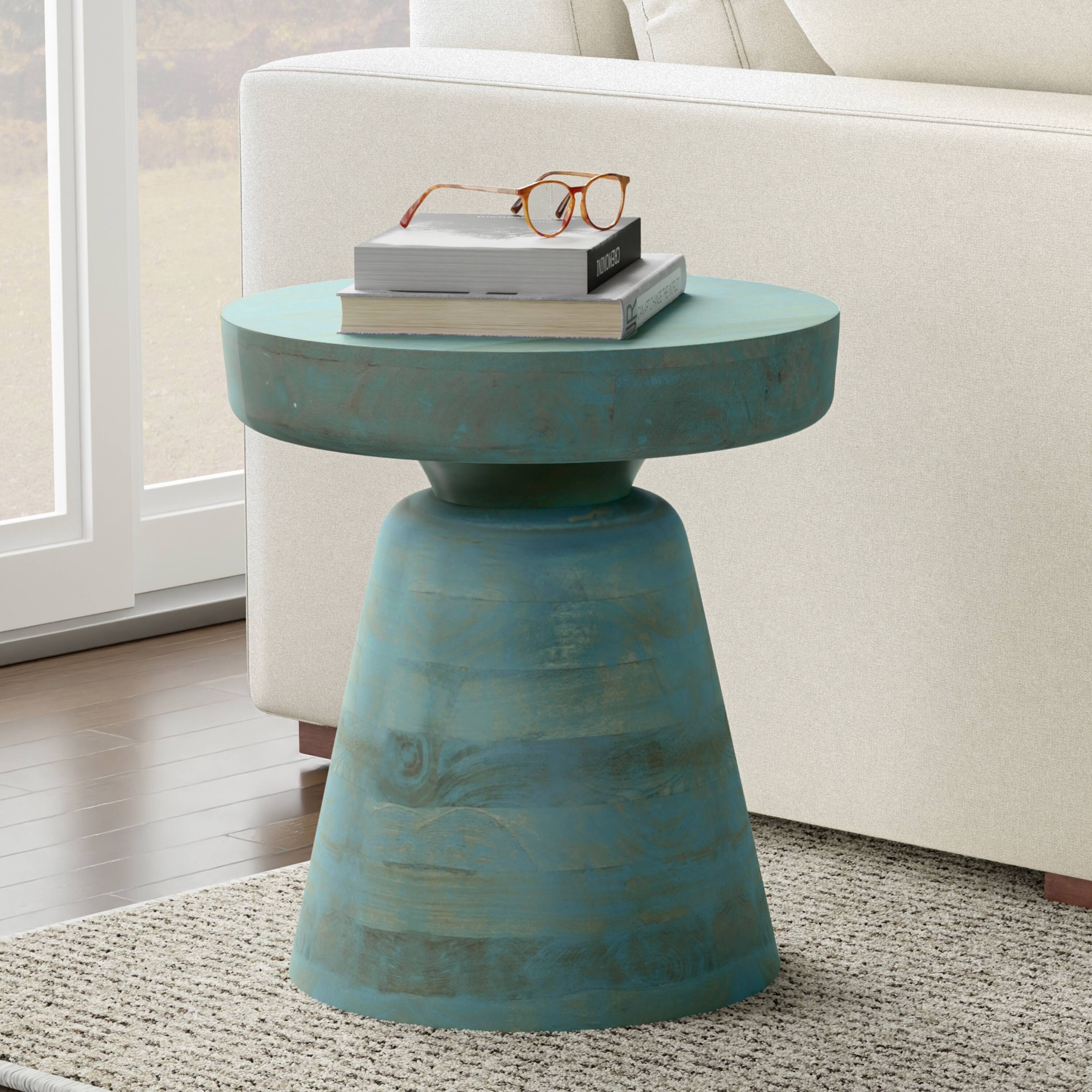 Angle. Simpli Home - Robbie 16 inch Wide Solid Mango Wood Accent Table in Teal Wash - Teal Wash.