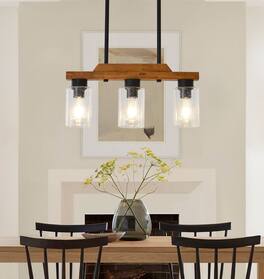 RYHNUYNE - 3-Light Rustic Chandelier 20 Inch Wood Linear Pendant Light with Seed Glass Shades Adjustable Farmhouse Island Lighting
