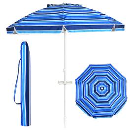 Costway - 7.2 FT Portable Beach Umbrella Tilt Sand Anchor Cup Holder W/Carry Bag - Navy Blue