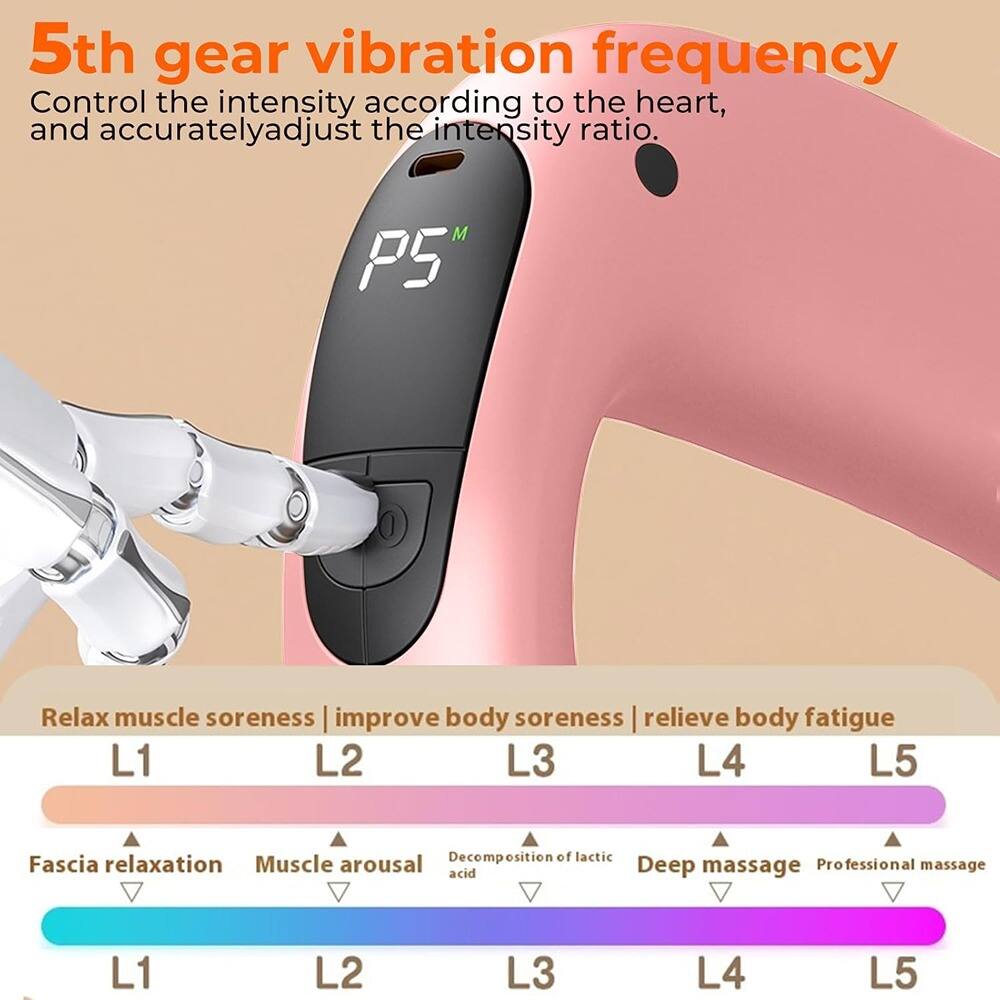 5th gear vibration frequency  
Control the intensity according to the heart, and accurately adjust the intensity ratio.  

P5  

Relax muscle soreness | improve body soreness | relieve body fatigue  
L1 L2 L3 L4 L5  

Fascia relaxation Muscle arousal Decomposition of lactic acid Deep massage Professional massage  
L1 L2 L3 L4 L5
