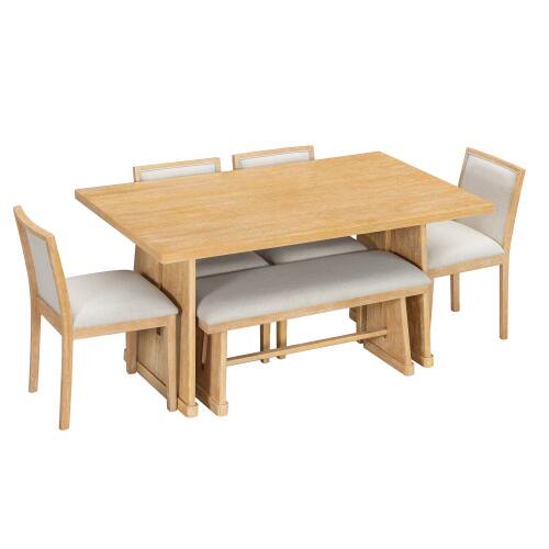 Alt View 3. LUCKY ONE - 6-Piece Rustic Farmhouse Dining Set with Rectangular Dining Table, Bench and 4 Upholstered Linen Chairs - Natural.