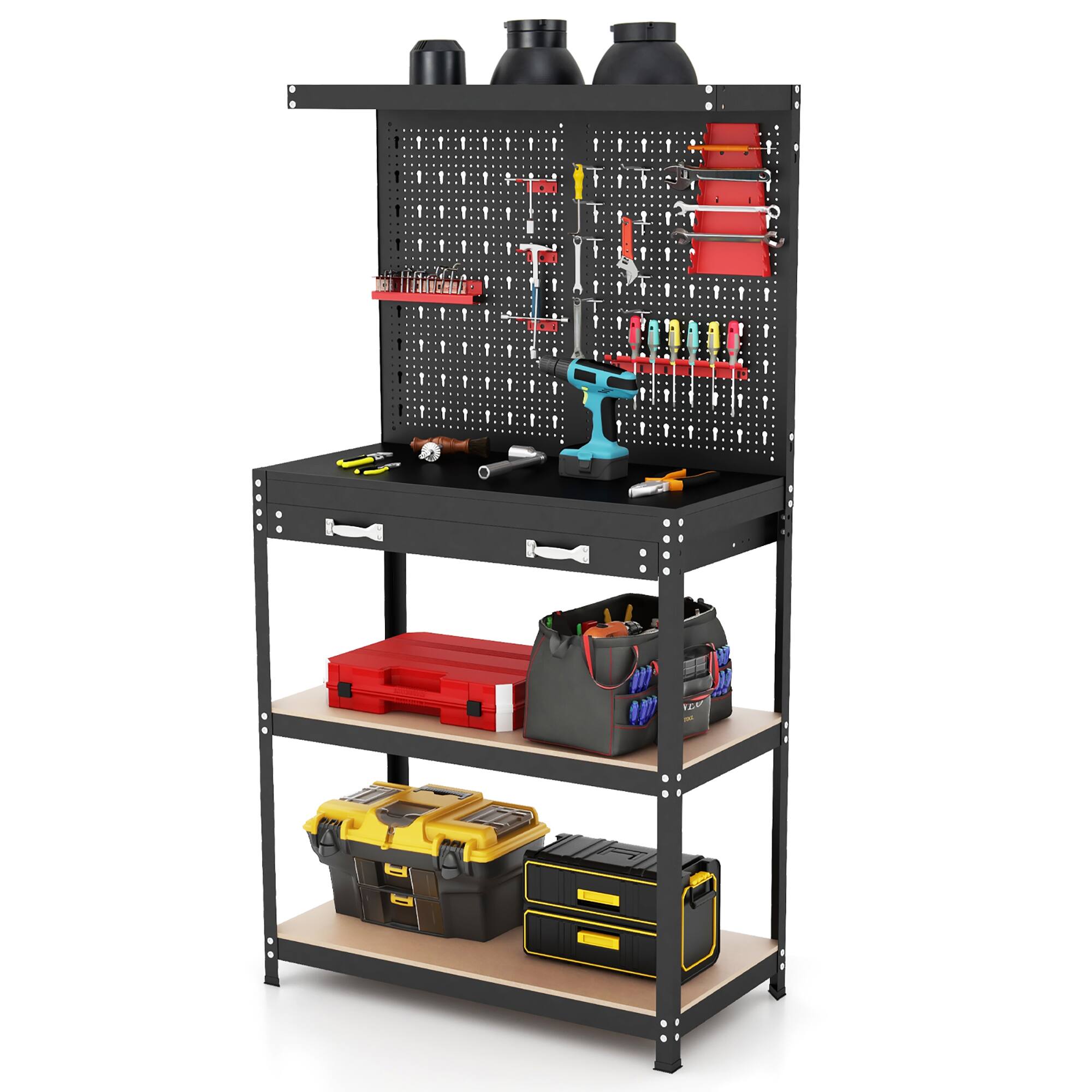 Front. Gymax - Gymax Multi-use Workbench w/ 2 Shelves Heavy-Duty Work Table Tool Storage Bench Black & Red - Black, Red.