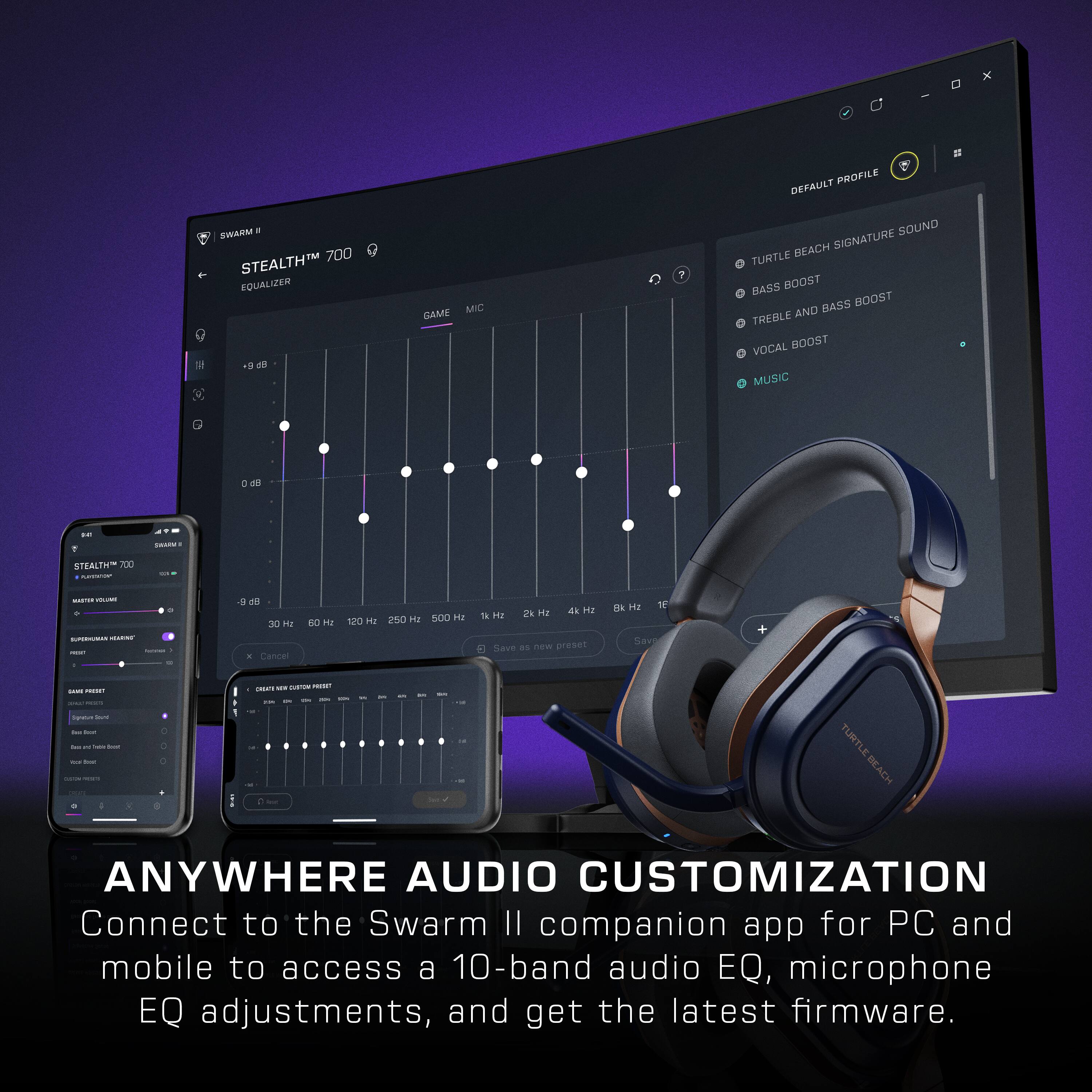 The image features a computer monitor, a cell phone, and a pair of headphones, all placed on a table. The headphones are described as "anywhere audio customization," suggesting that they can be used for customizing audio settings on a computer or mobile device. The headphones are connected to a companion app for PC and mobile, which allows users to access a 10-band audio EQ, microphone EQ adjustments, and the latest firmware. The image also contains a description of the headphones' features, such as Stealth Equalizer, Bass Boost, Treble Boost, and Vocal Boost, which can enhance the user's listening experience.