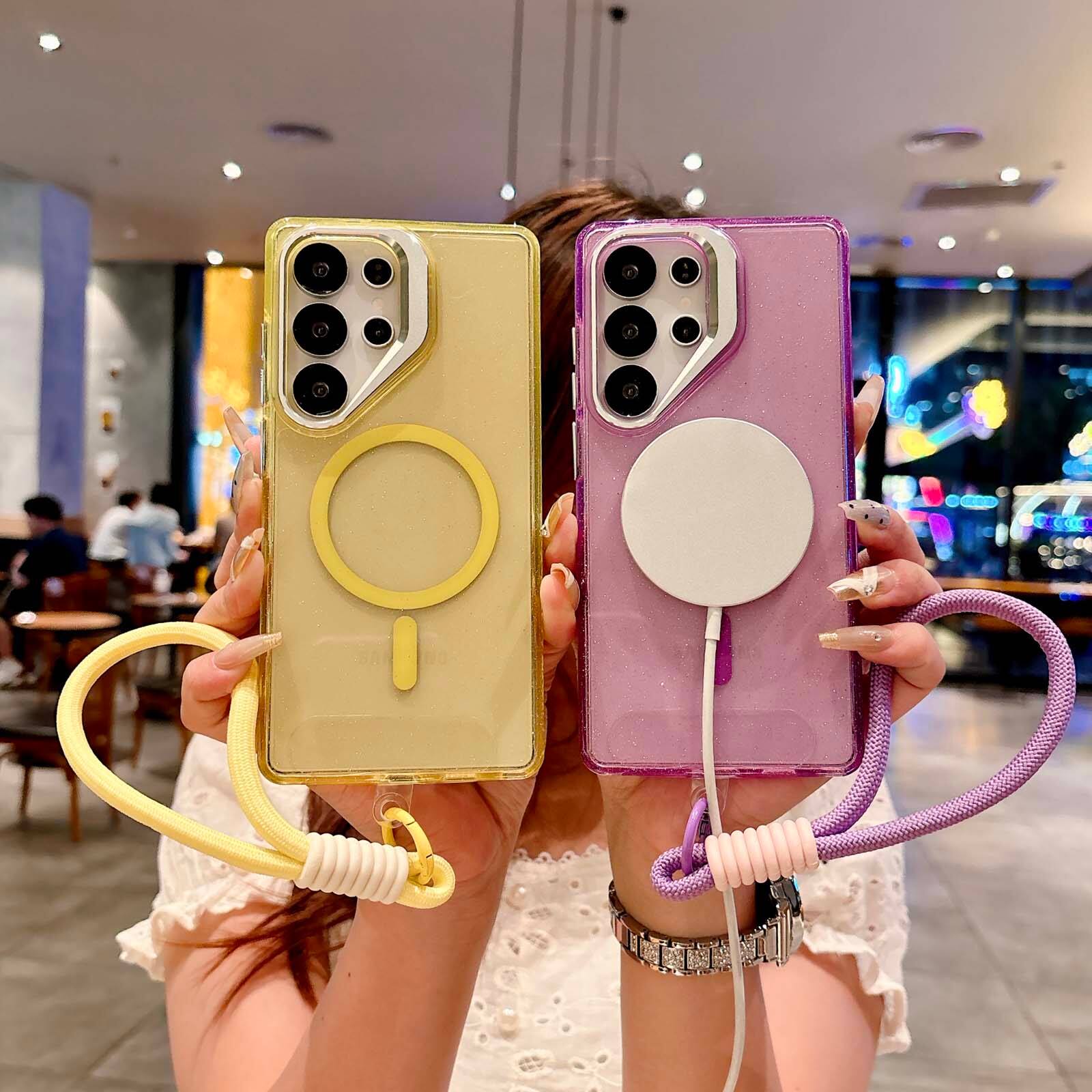 Left. Dteck - Glitter Magnetic Case for Samsung Galaxy S25 Ultra,Shockproof Rugged Hidden Lens Kickstand Phone Cover with Wrist Strap - Yellow.