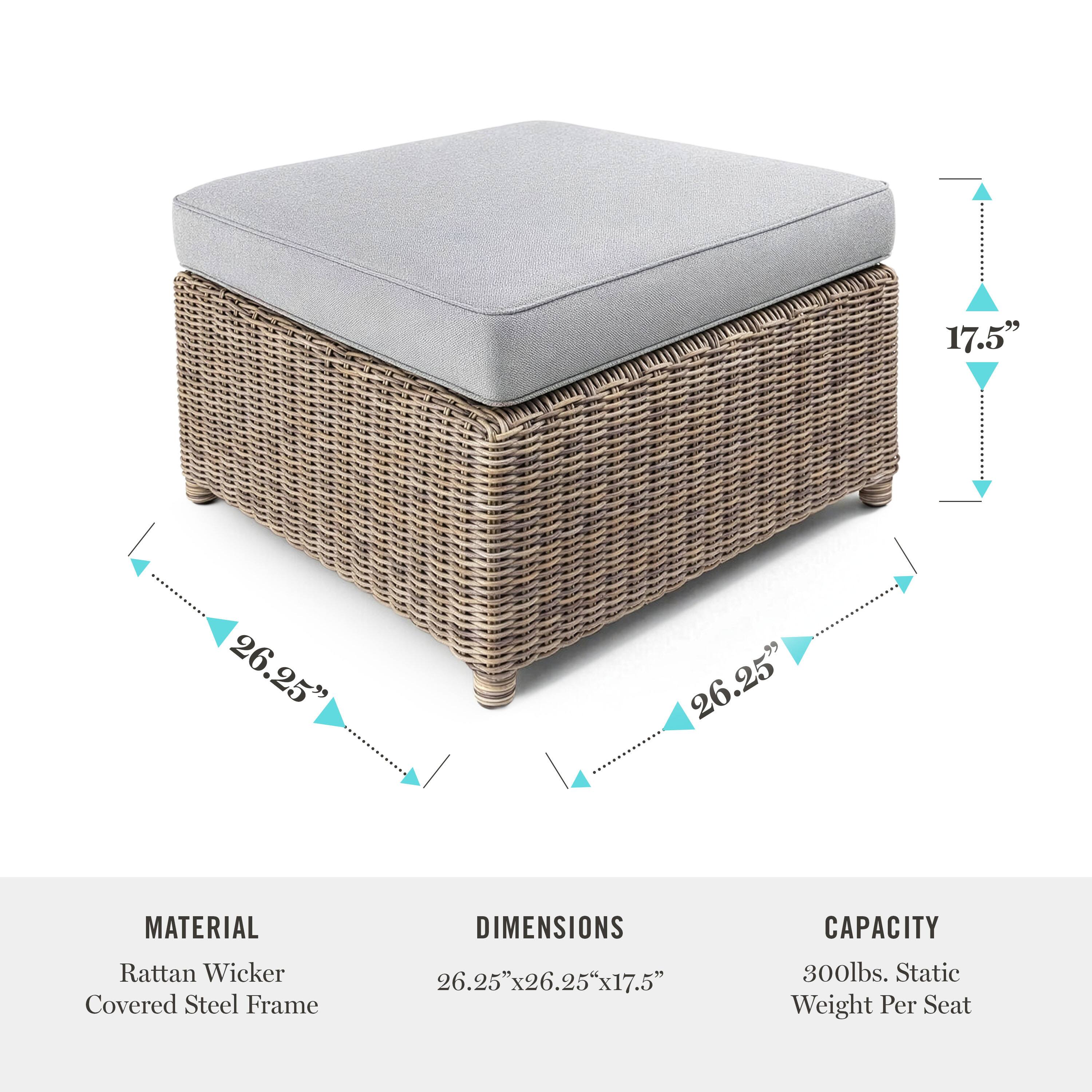 17.5" 26.25" 26.25"  
MATERIAL: Rattan Wicker Covered Steel Frame  
DIMENSIONS: 26.25"x26.25"x17.5"  
CAPACITY: 300lbs. Static Weight Per Seat