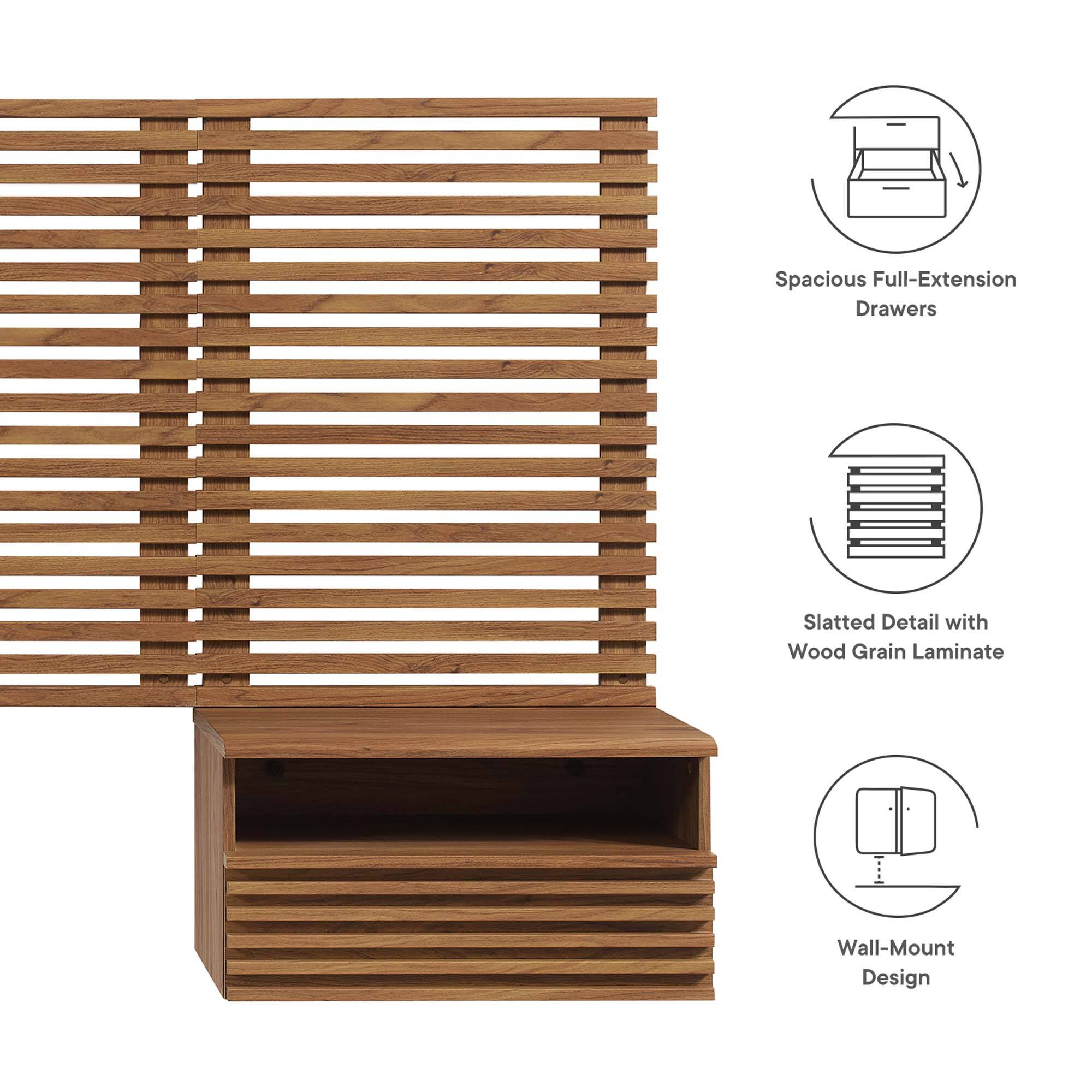 Spacious Full-Extension Drawers  
Slatted Detail with Wood Grain Laminate  
Wall-Mount Design
