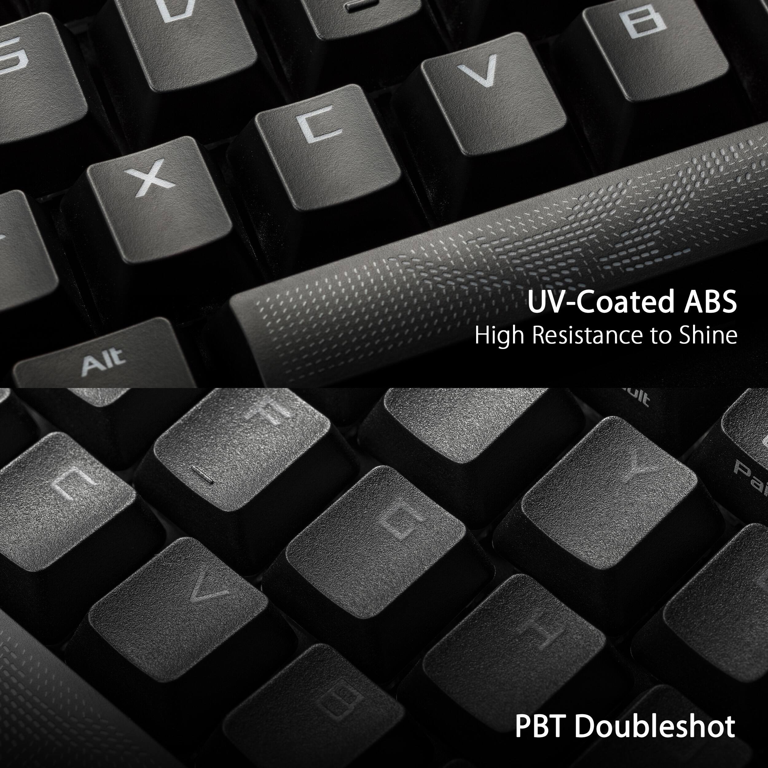 The text on the image reads:

5 - D X - C Alt F T -oonsr A D UV-Coated ABS High Resistance to Shine uIt PBT Doubleshot

The corrected text is:

5 - D X - C Alt F T -oonsr A D UV-Coated ABS High Resistance to Shine uIt PBT Doubleshot