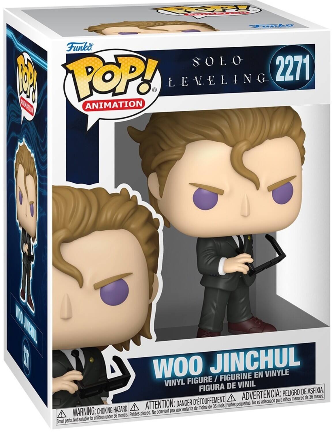 Funko POP! Animation  
Solo Leveling  
2271  
Woo Jinchul  
Vinyl Figure / Figurine en Vinyle / Figura de Vinilo  

Warning: Choking Hazard. Small parts. Not suitable for children under 36 months.  
Attention: Danger d'étouffement. Petites pièces. Ne convient pas aux enfants de moins de 36 mois.  
Advertencia: Peligro de asfixia. No es adecuado para niños menores de 36 meses.