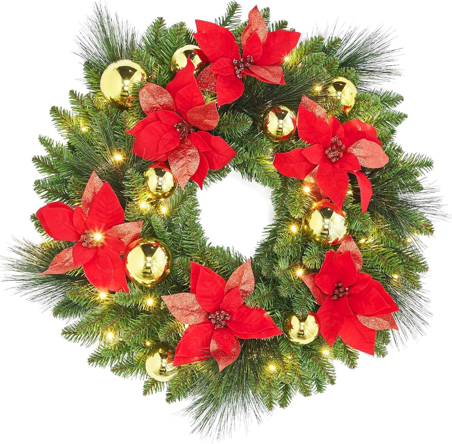 Front. Jojoka - 24-in Green Christmas Wreath Pre-Lit Artificial for Indoor Outdoor Holiday Decorations - Green.