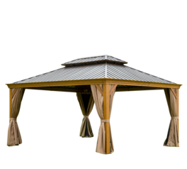 Mondawe - 12x16FT Hardtop Gazebo with Wood Grain Aluminum Frame - Yellow Brown