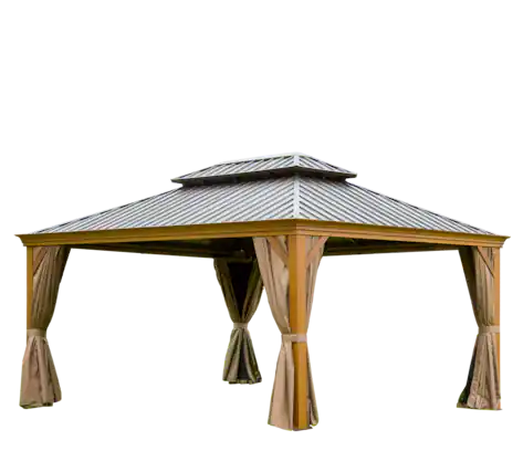 Front. Mondawe - 12x16FT Hardtop Gazebo with Wood Grain Aluminum Frame - Yellow Brown.