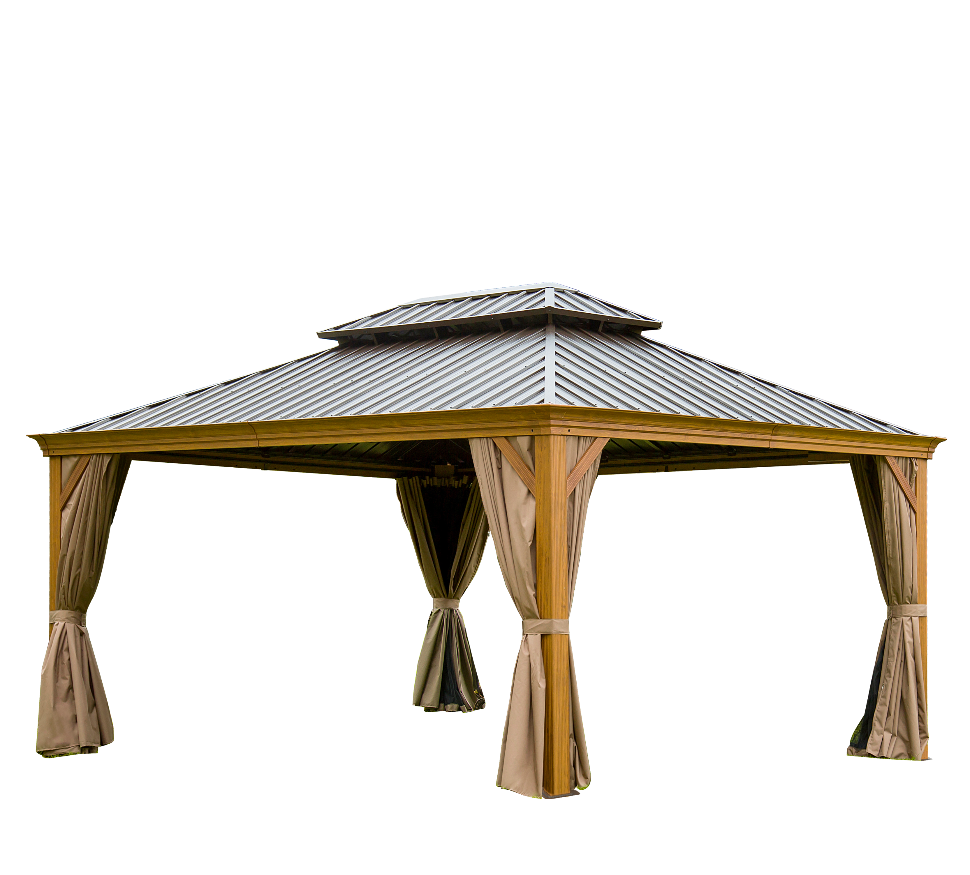 Front. Mondawe - 12x16FT Hardtop Gazebo with Wood Grain Aluminum Frame - Yellow Brown.