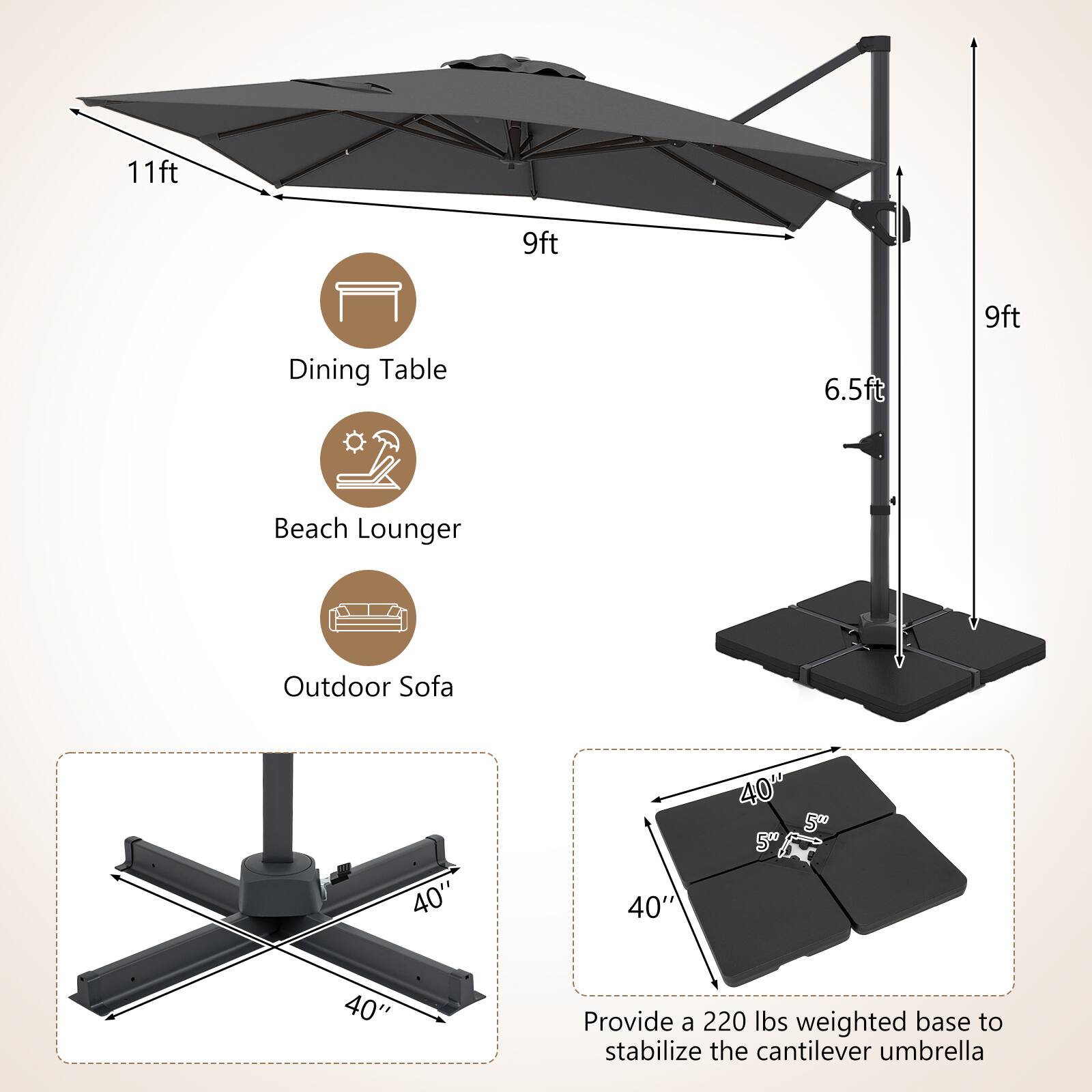 11ft 9ft 9ft Dining Table 6.5ft Beach Lounger Outdoor Sofa 40" 40" 40" 50" 40" Provide a 220 lbs weighted base to stabilize the cantilever umbrella